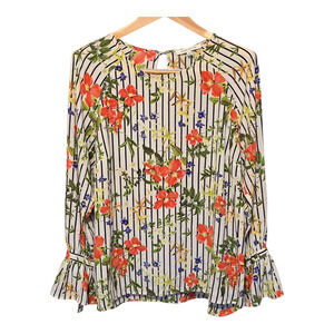 Rose + Olive Top Womens Large Multi Floral Striped Bell Sleeve Cottagecore Boho